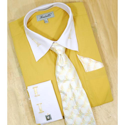 Fratello Mustard With Mustard / White Laced Spread Collar And French Cuffs Shirt/Tie/Hanky Set  FRV4105P2